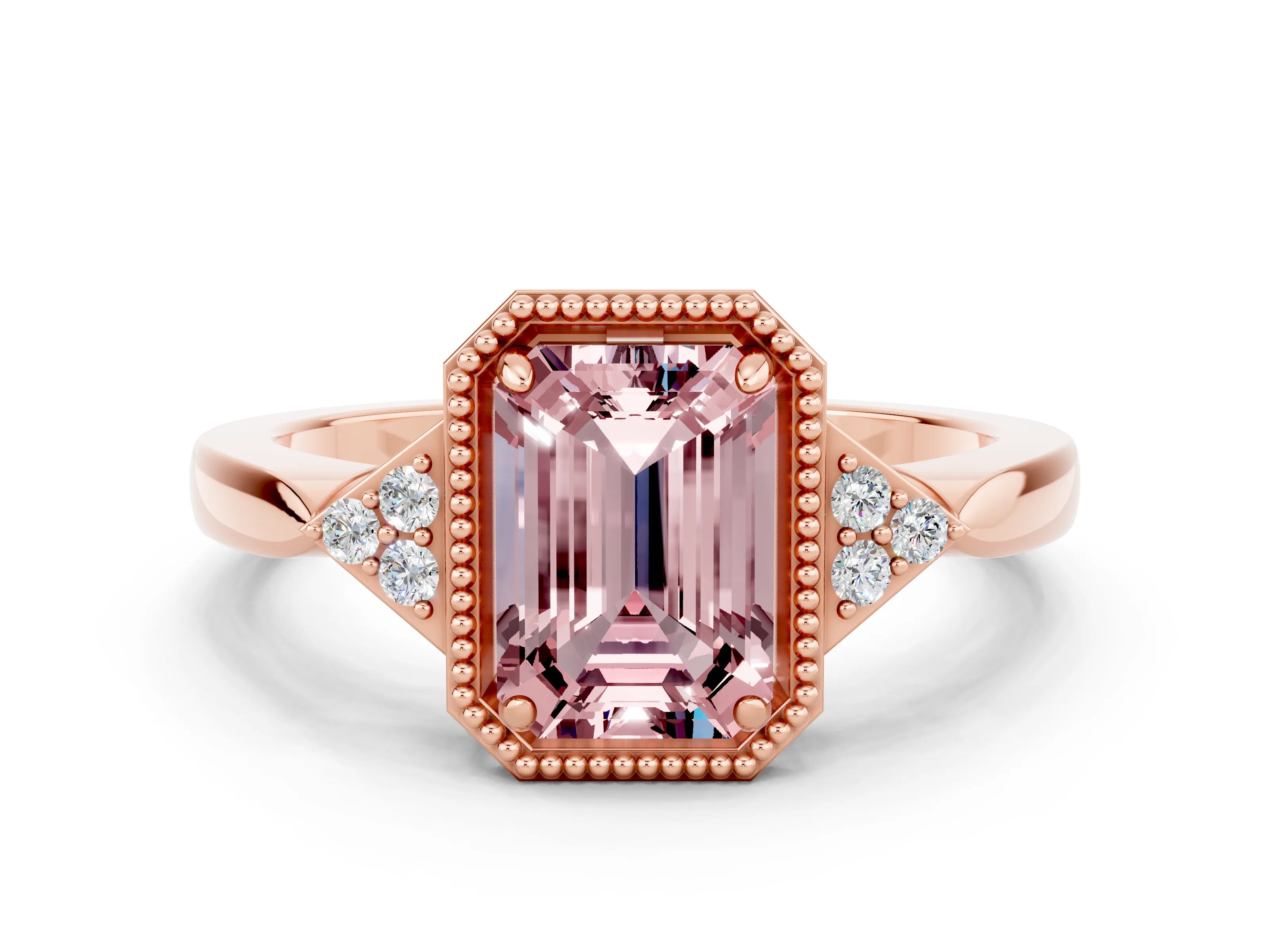 Rose gold Emerald Cut Morganite Halo Ring with Tapered Band and Four-Prong Setting