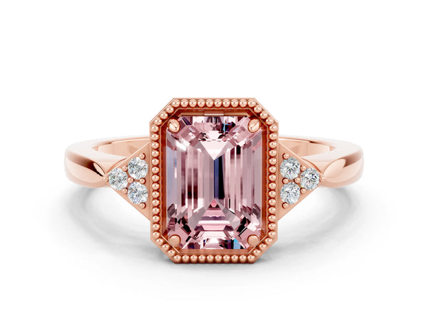 Rose gold Emerald Cut Morganite Halo Ring with Tapered Band and Four-Prong Setting