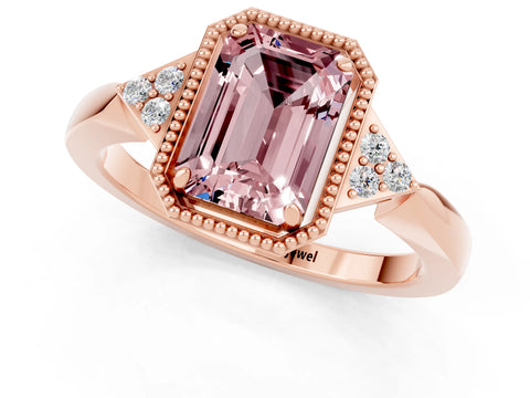 Rose gold Emerald Cut Morganite Halo Ring with Tapered Band and Four-Prong Setting_1