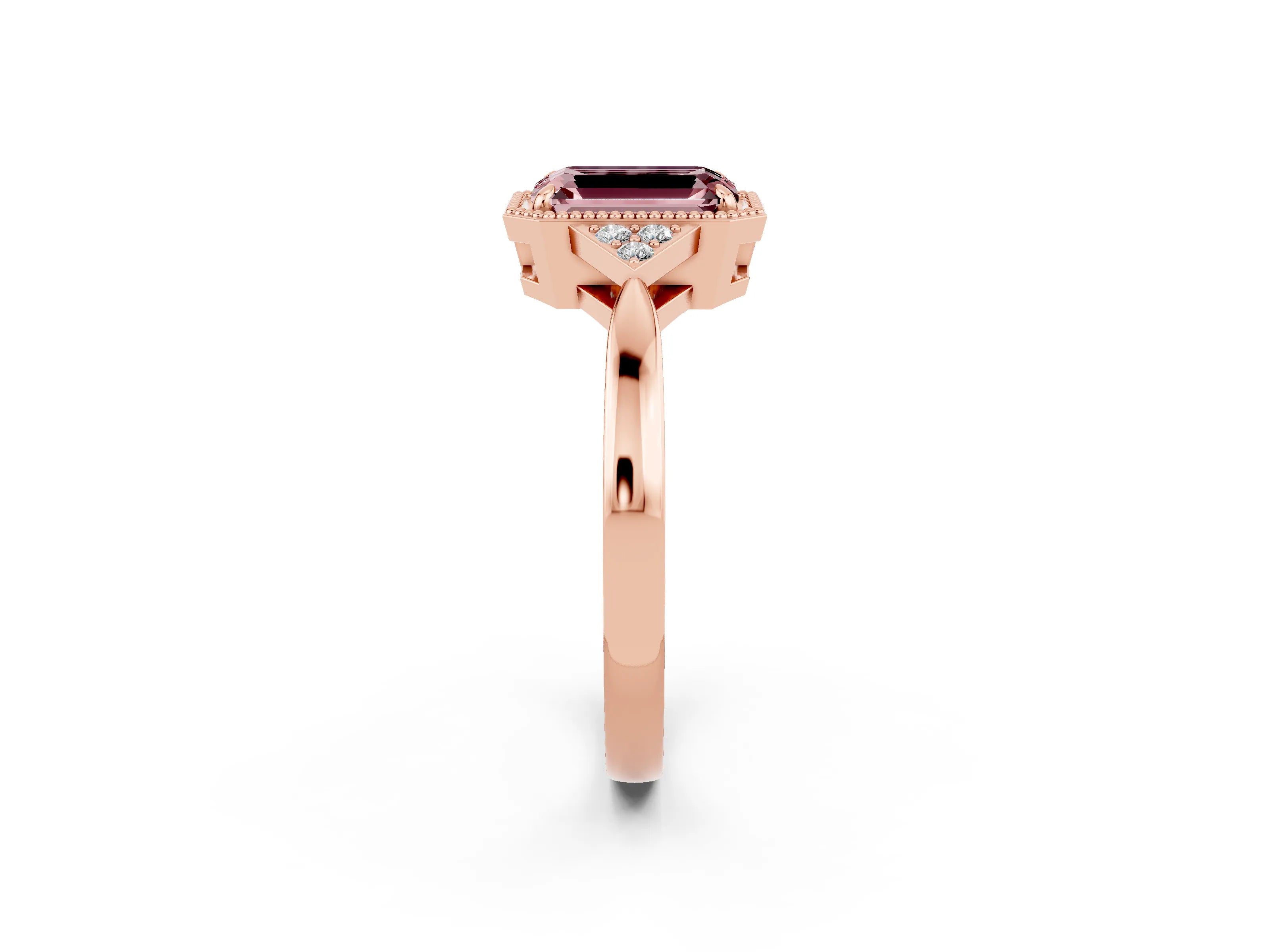 Rose gold Emerald Cut Morganite Halo Ring with Tapered Band and Four-Prong Setting_2