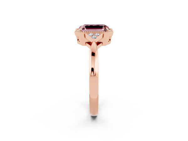 Rose gold Emerald Cut Morganite Halo Ring with Tapered Band and Four-Prong Setting
