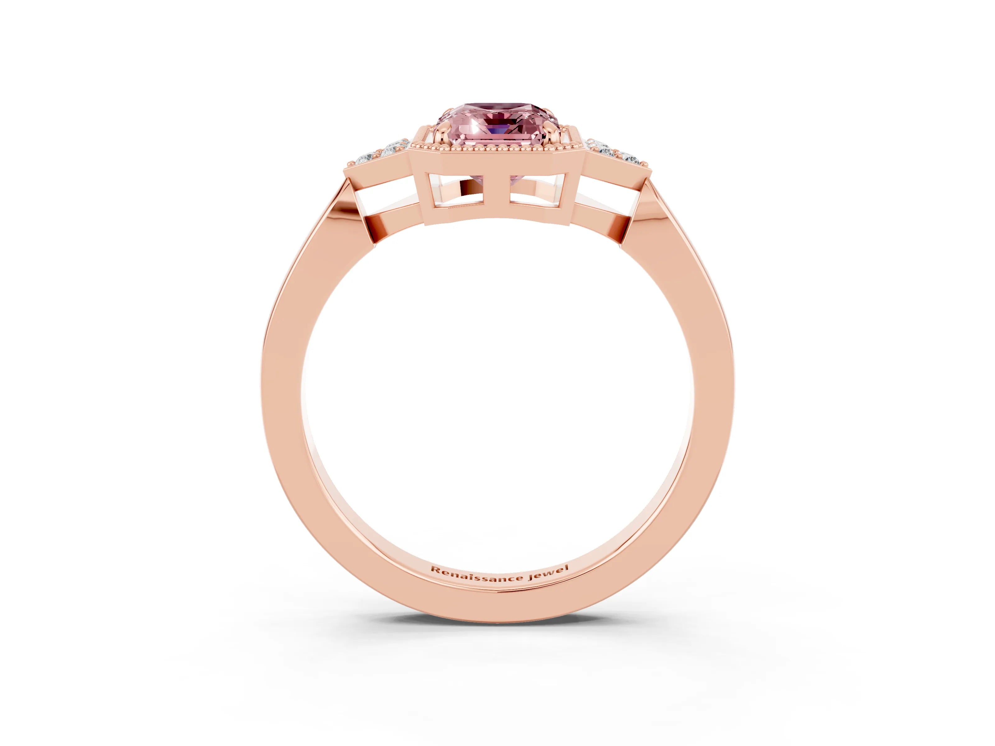 Rose gold Emerald Cut Morganite Halo Ring with Tapered Band and Four-Prong Setting_3