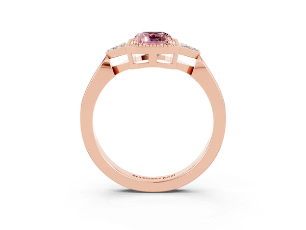 Rose gold Emerald Cut Morganite Halo Ring with Tapered Band and Four-Prong Setting