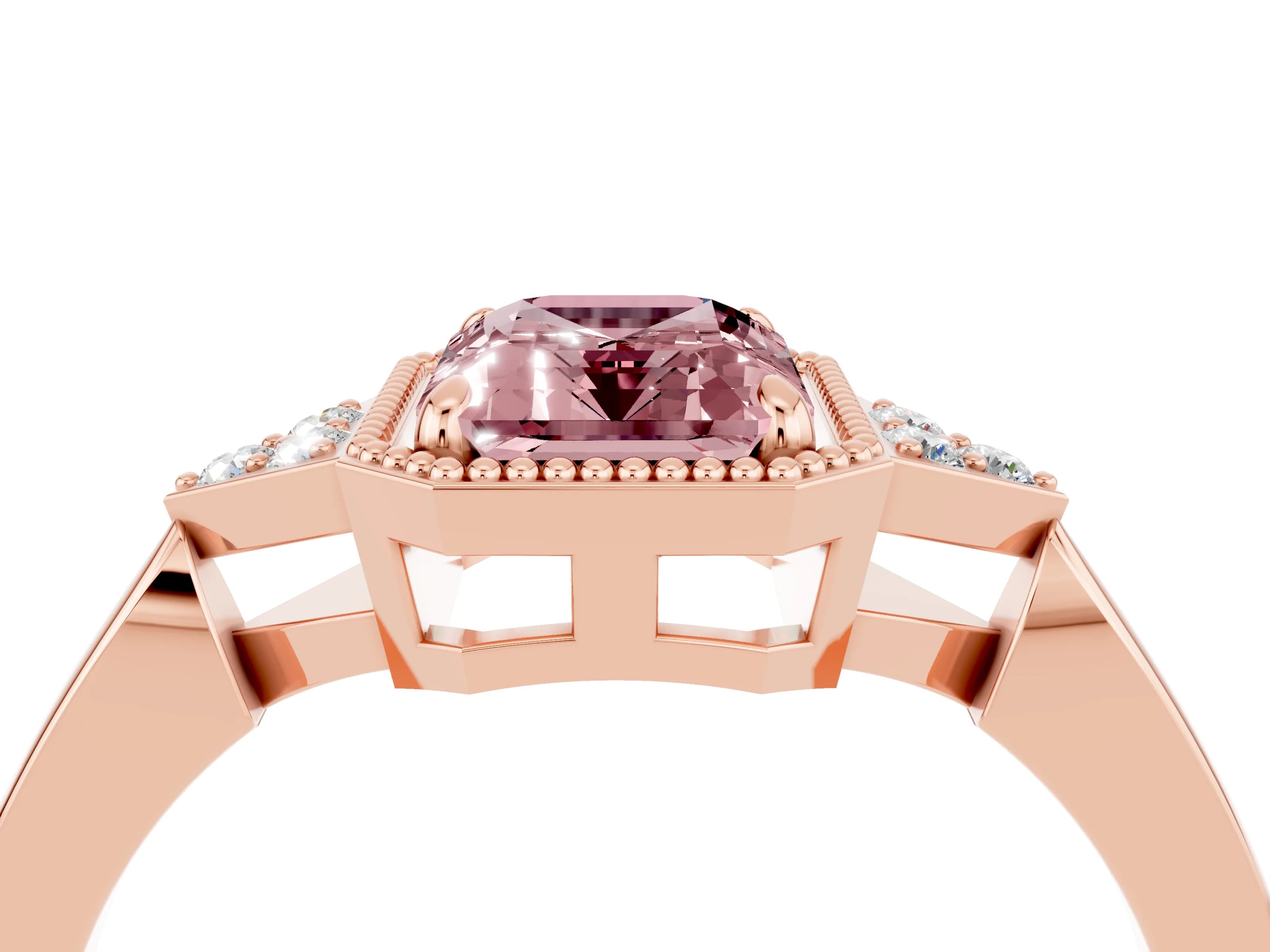 Rose gold Emerald Cut Morganite Halo Ring with Tapered Band and Four-Prong Setting_4