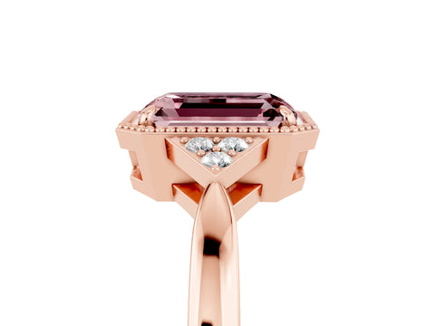 Rose gold Emerald Cut Morganite Halo Ring with Tapered Band and Four-Prong Setting_5