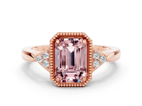 Rose gold Emerald Cut Morganite Halo Ring with Tapered Band and Four-Prong Setting