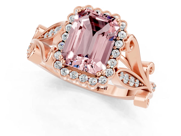 Rose gold Emerald Cut Morganite Halo Ring with Vintage Split Shank and Four-Prong Setting