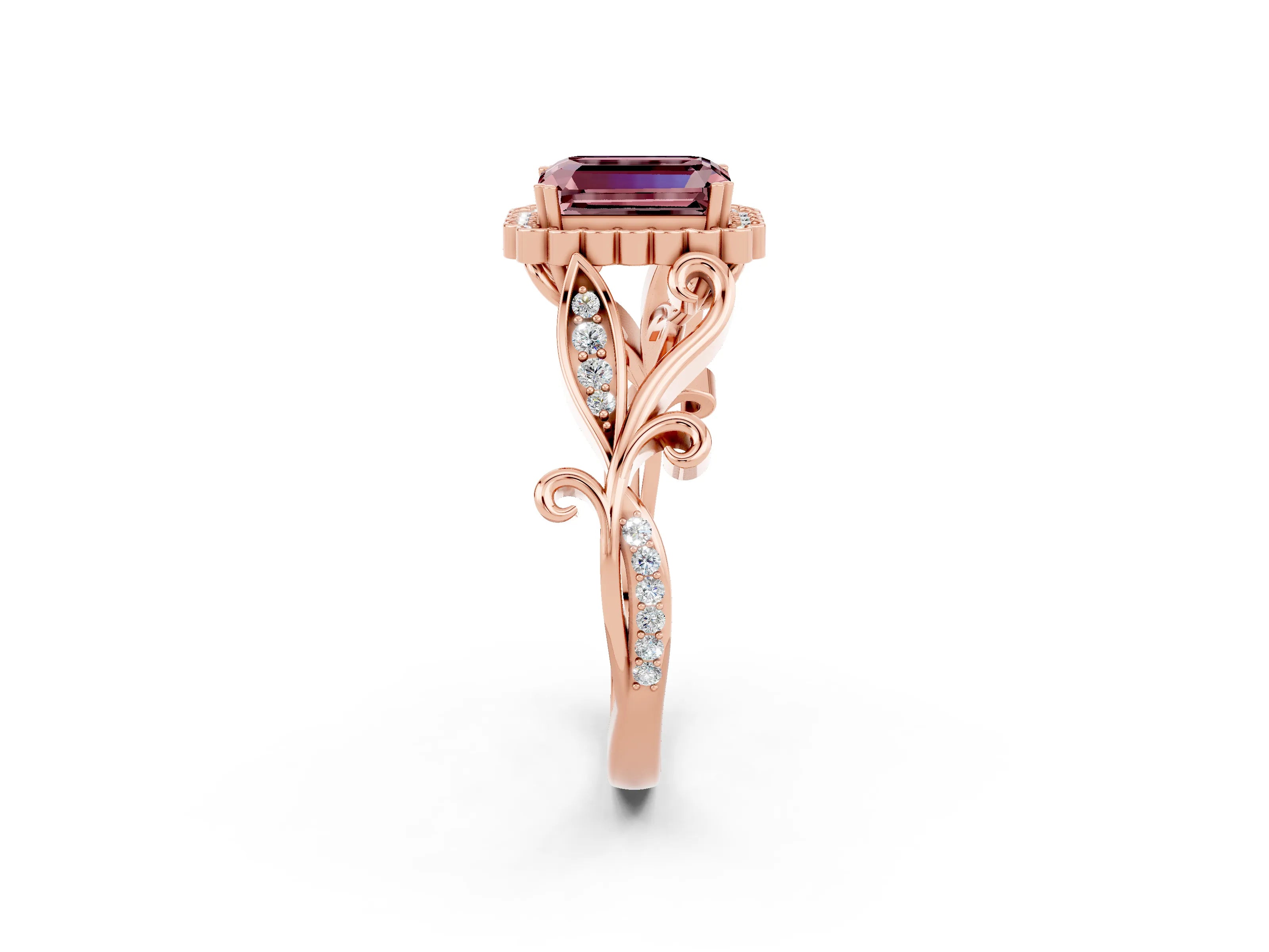 Rose gold Emerald Cut Morganite Halo Ring with Vintage Split Shank and Four-Prong Setting_2