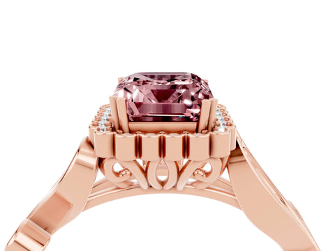 Rose gold Emerald Cut Morganite Halo Ring with Vintage Split Shank and Four-Prong Setting_4