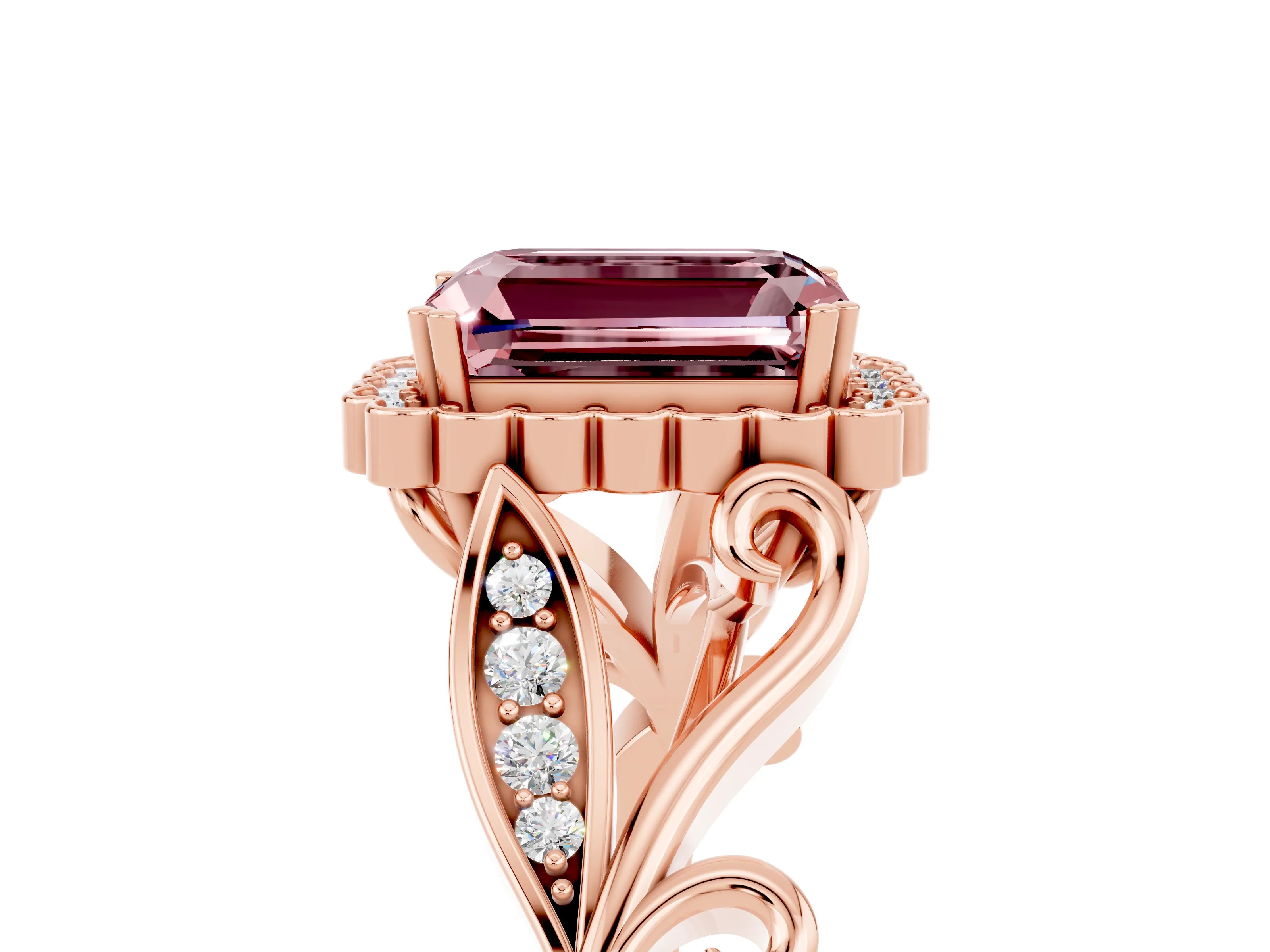 Rose gold Emerald Cut Morganite Halo Ring with Vintage Split Shank and Four-Prong Setting_5
