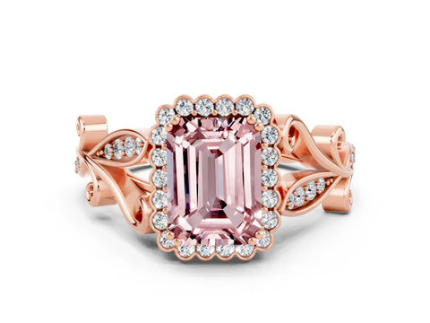 Rose gold Emerald Cut Morganite Halo Ring with Vintage Split Shank and Four-Prong Setting