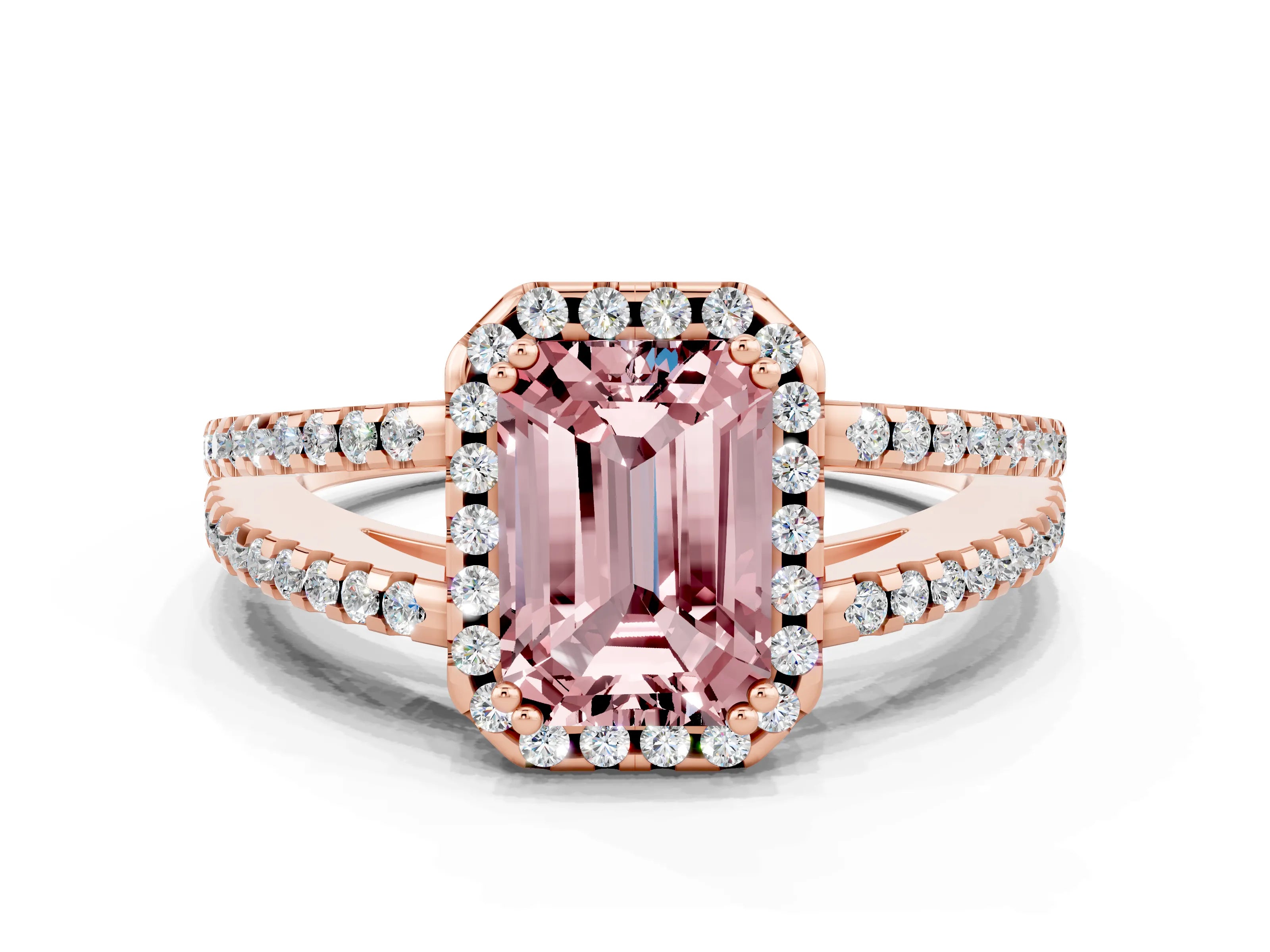 Rose gold Emerald Cut Morganite Halo Split Shank Engagement Ring_12