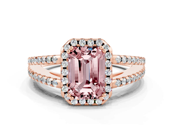 Rose gold Emerald Cut Morganite Halo Split Shank Engagement Ring