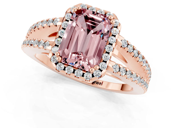 Rose gold Emerald Cut Morganite Halo Split Shank Engagement Ring