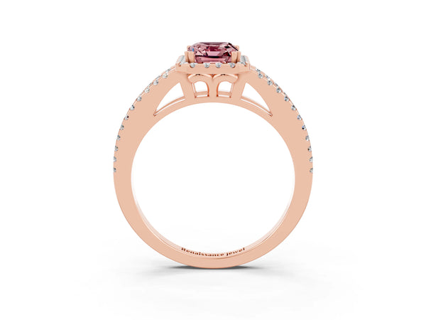Rose gold Emerald Cut Morganite Halo Split Shank Engagement Ring