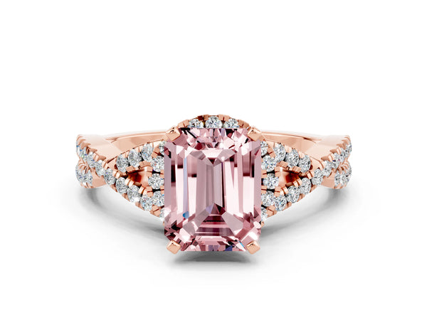 Rose gold Emerald Cut Morganite  Halo Twist Band Solitaire Prong Setting Ring