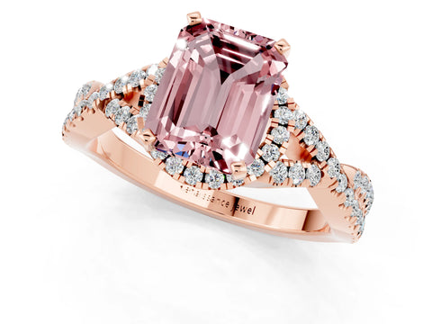 Rose gold Emerald Cut Morganite Halo Twist Band Solitaire Prong Setting Ring_1