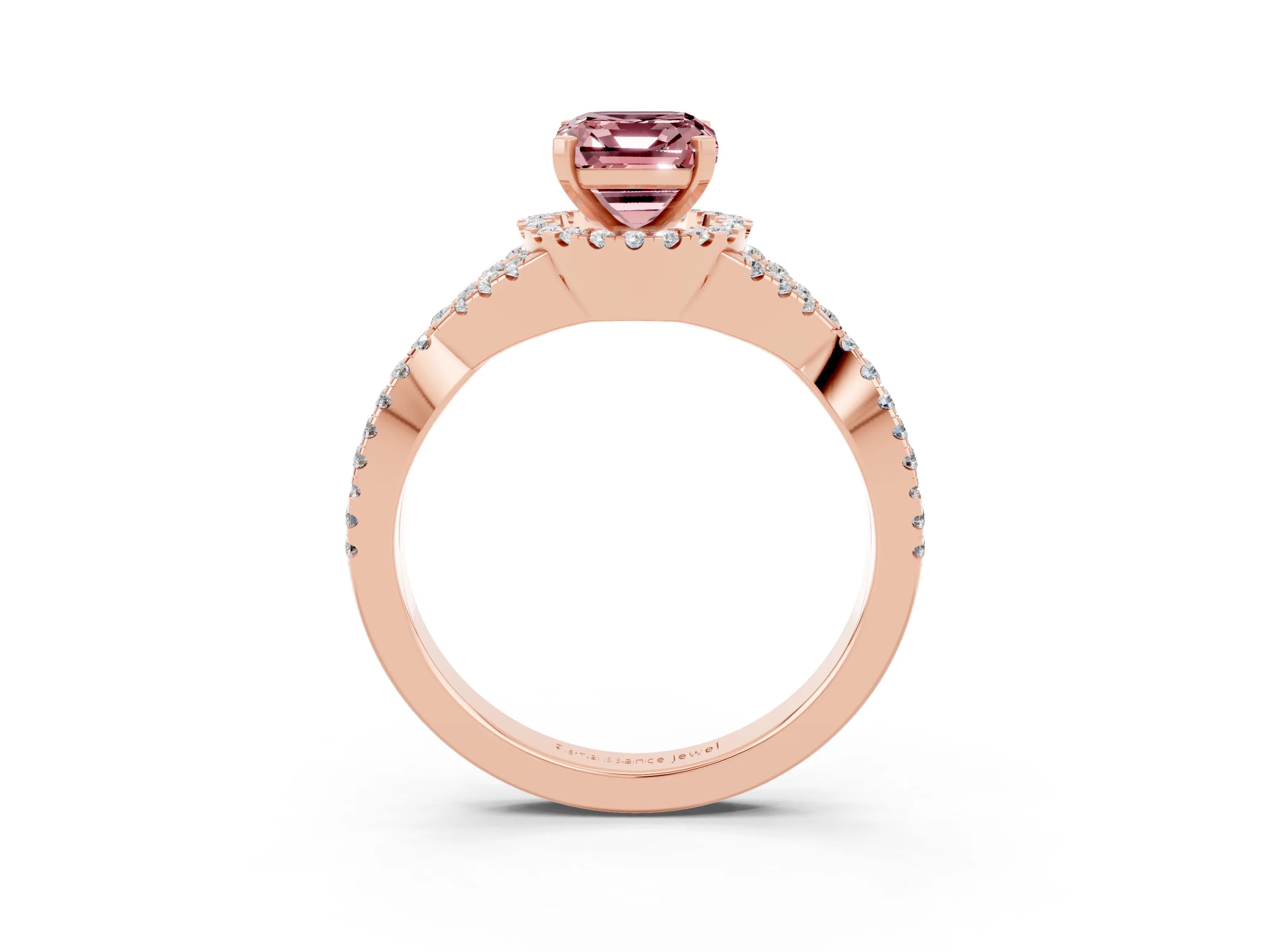 Rose gold Emerald Cut Morganite Halo Twist Band Solitaire Prong Setting Ring_3