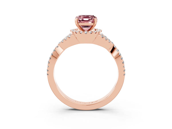 Rose gold Emerald Cut Morganite  Halo Twist Band Solitaire Prong Setting Ring