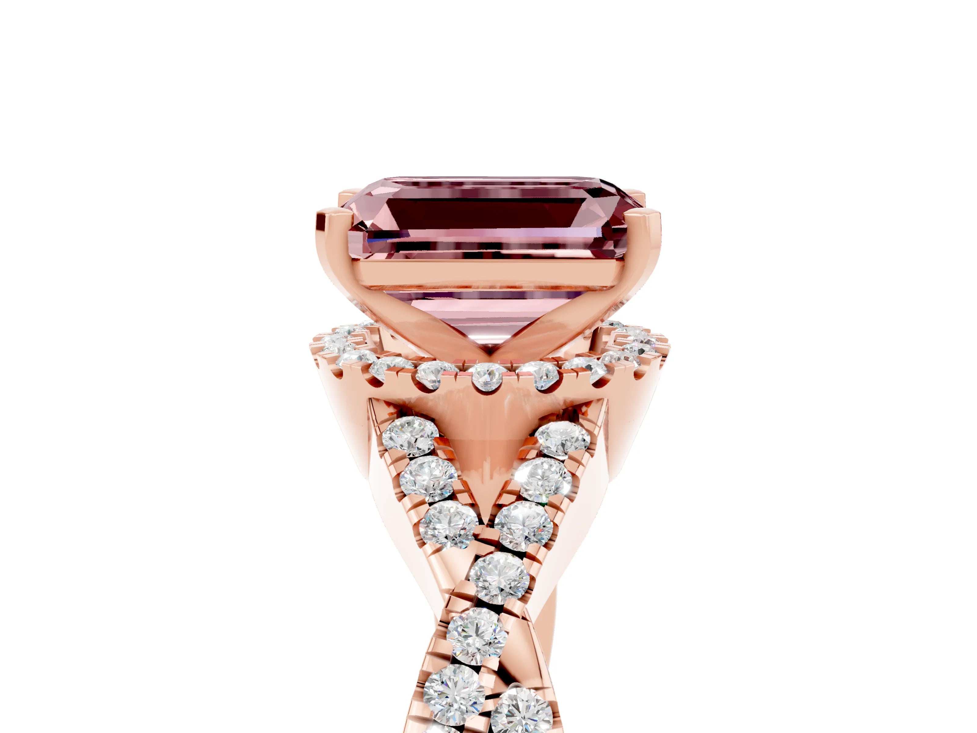 Rose gold Emerald Cut Morganite Halo Twist Band Solitaire Prong Setting Ring_5