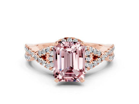 Rose gold Emerald Cut Morganite Halo Twist Band Solitaire Prong Setting Ring