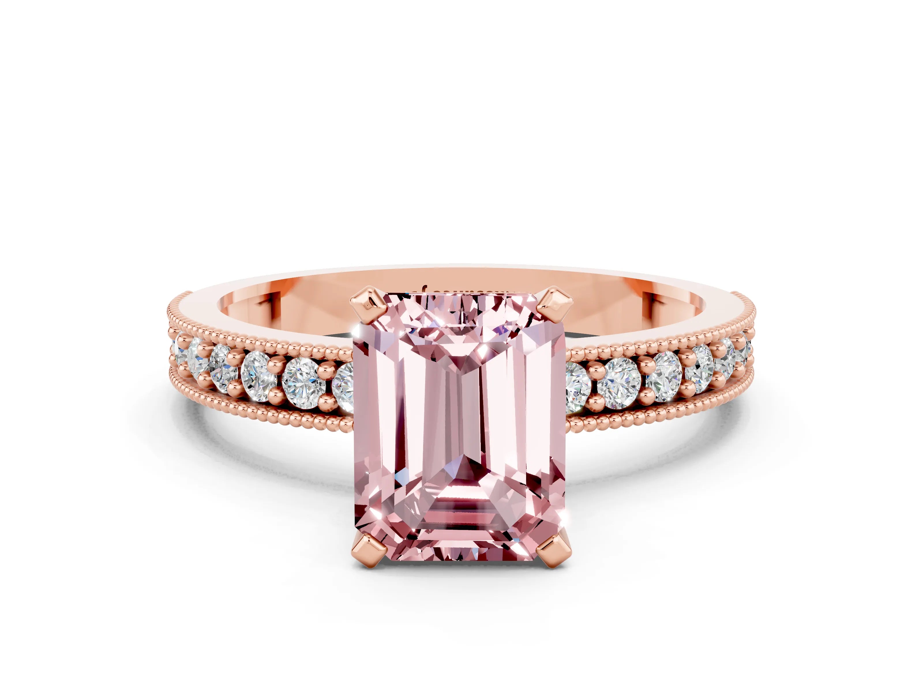 Rose gold Emerald Cut Morganite Milgrain Pavé Engagement Ring with Four-Prong Setting_12