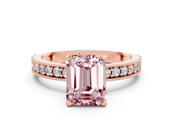 Rose gold Emerald Cut Morganite Milgrain Pavé Engagement Ring with Four-Prong Setting