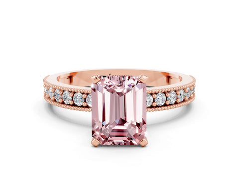 Rose gold Emerald Cut Morganite Milgrain Pavé Engagement Ring with Four-Prong Setting_12