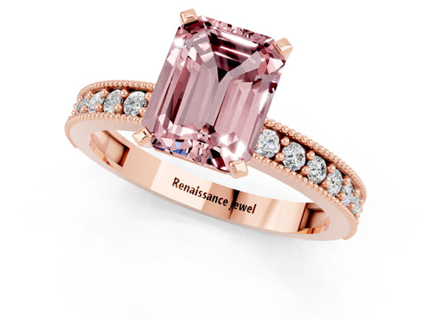 Rose gold Emerald Cut Morganite Milgrain Pavé Engagement Ring with Four-Prong Setting_13
