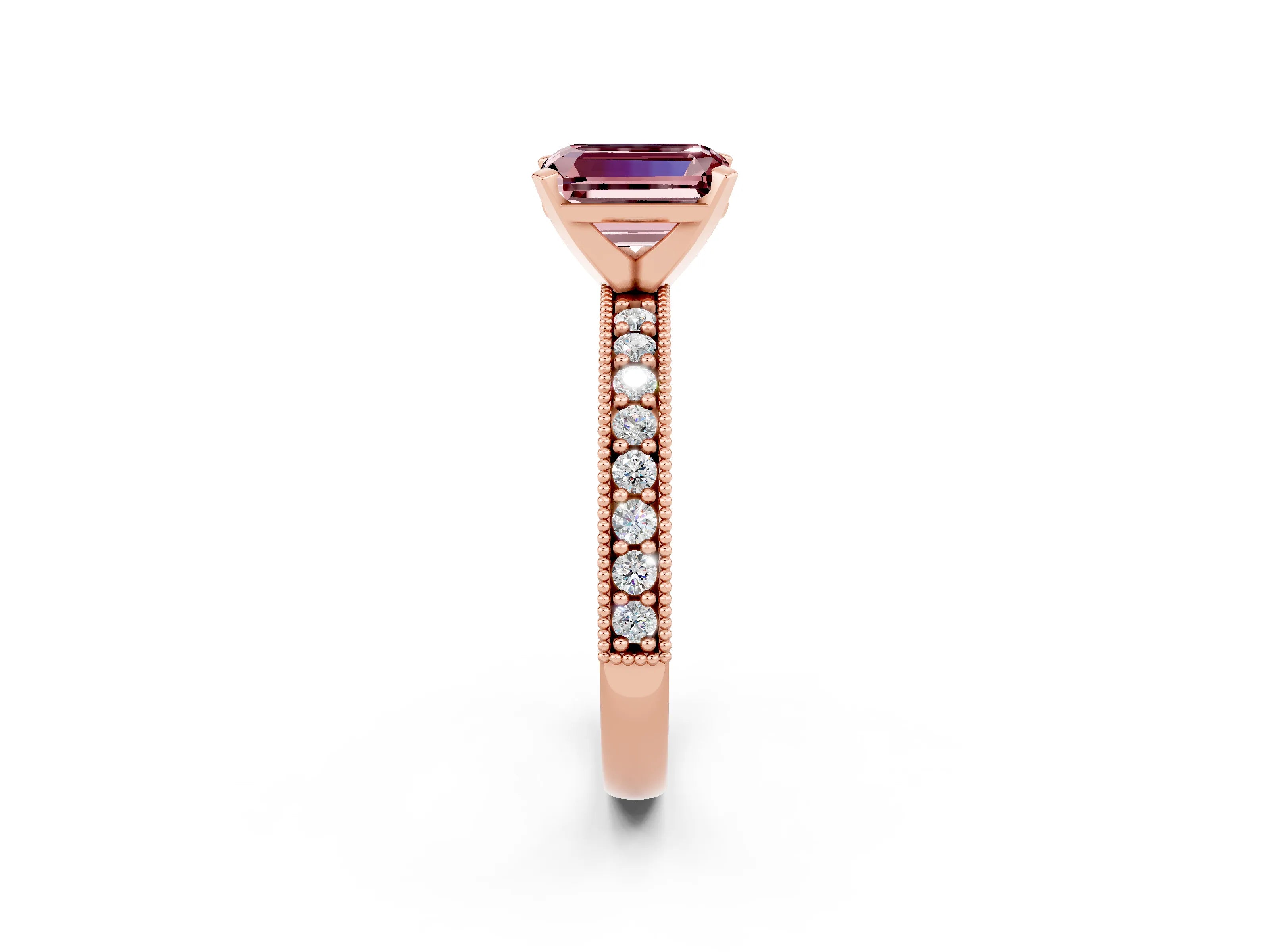 Rose gold Emerald Cut Morganite Milgrain Pavé Engagement Ring with Four-Prong Setting_14