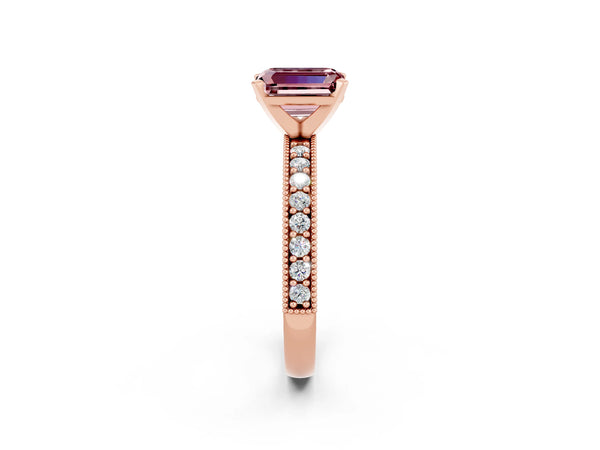 Rose gold Emerald Cut Morganite Milgrain Pavé Engagement Ring with Four-Prong Setting