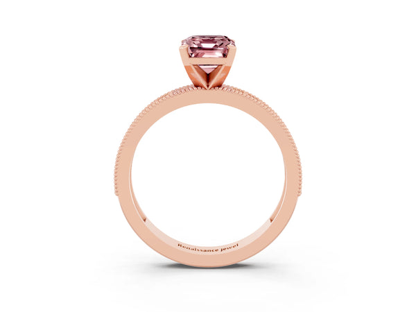 Rose gold Emerald Cut Morganite Milgrain Pavé Engagement Ring with Four-Prong Setting