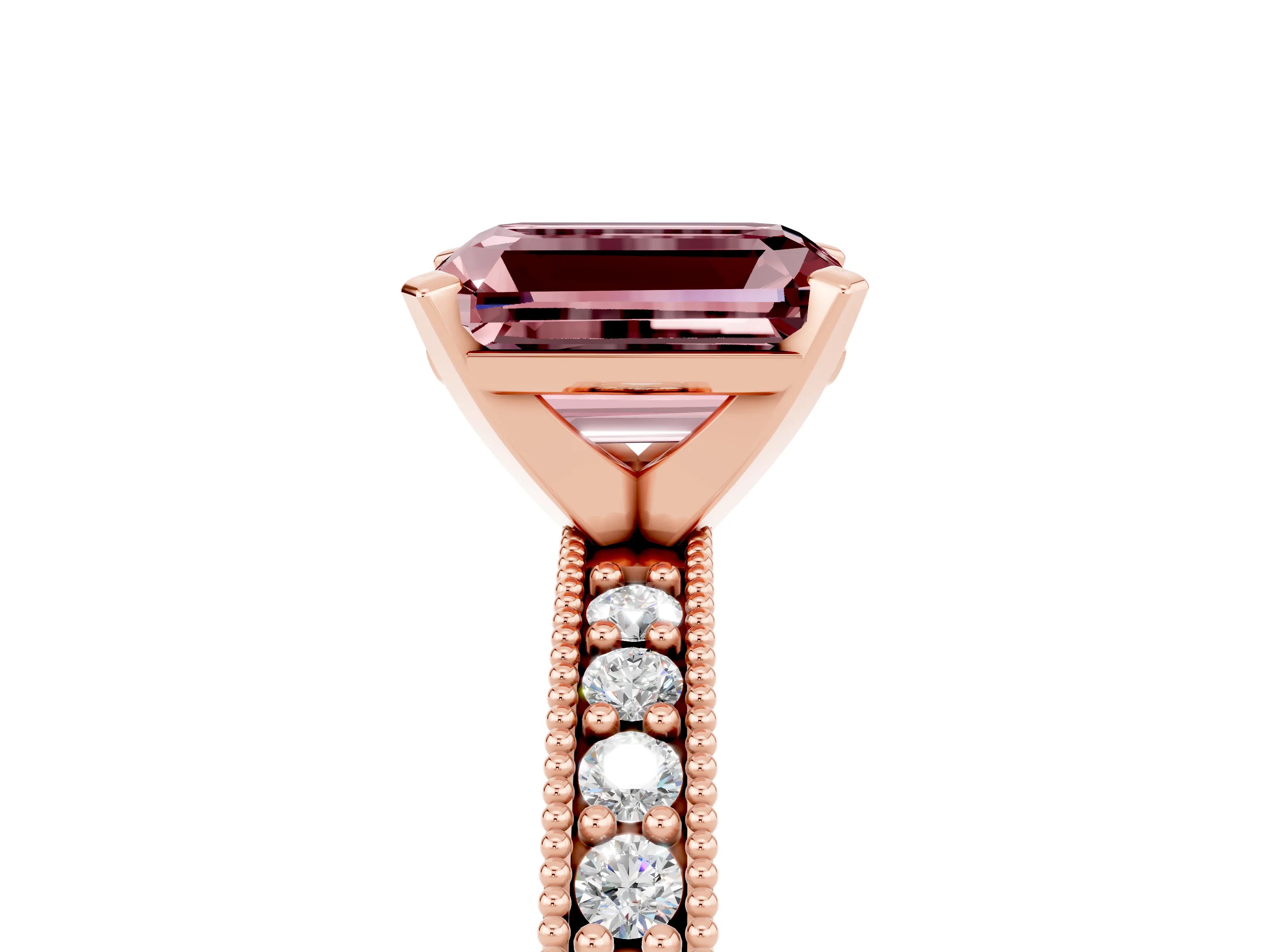 Rose gold Emerald Cut Morganite Milgrain Pavé Engagement Ring with Four-Prong Setting_17