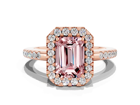 Rose gold Emerald Cut Morganite Pavé Halo Ring with Four-Prong Setting_12