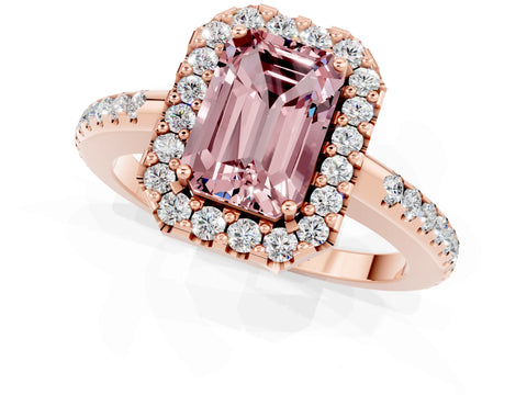 Rose gold Emerald Cut Morganite Pavé Halo Ring with Four-Prong Setting_13