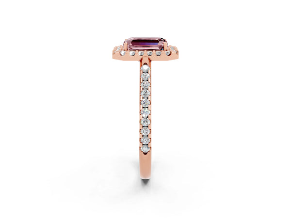 Rose gold Emerald Cut Morganite Pavé Halo Ring with Four-Prong Setting