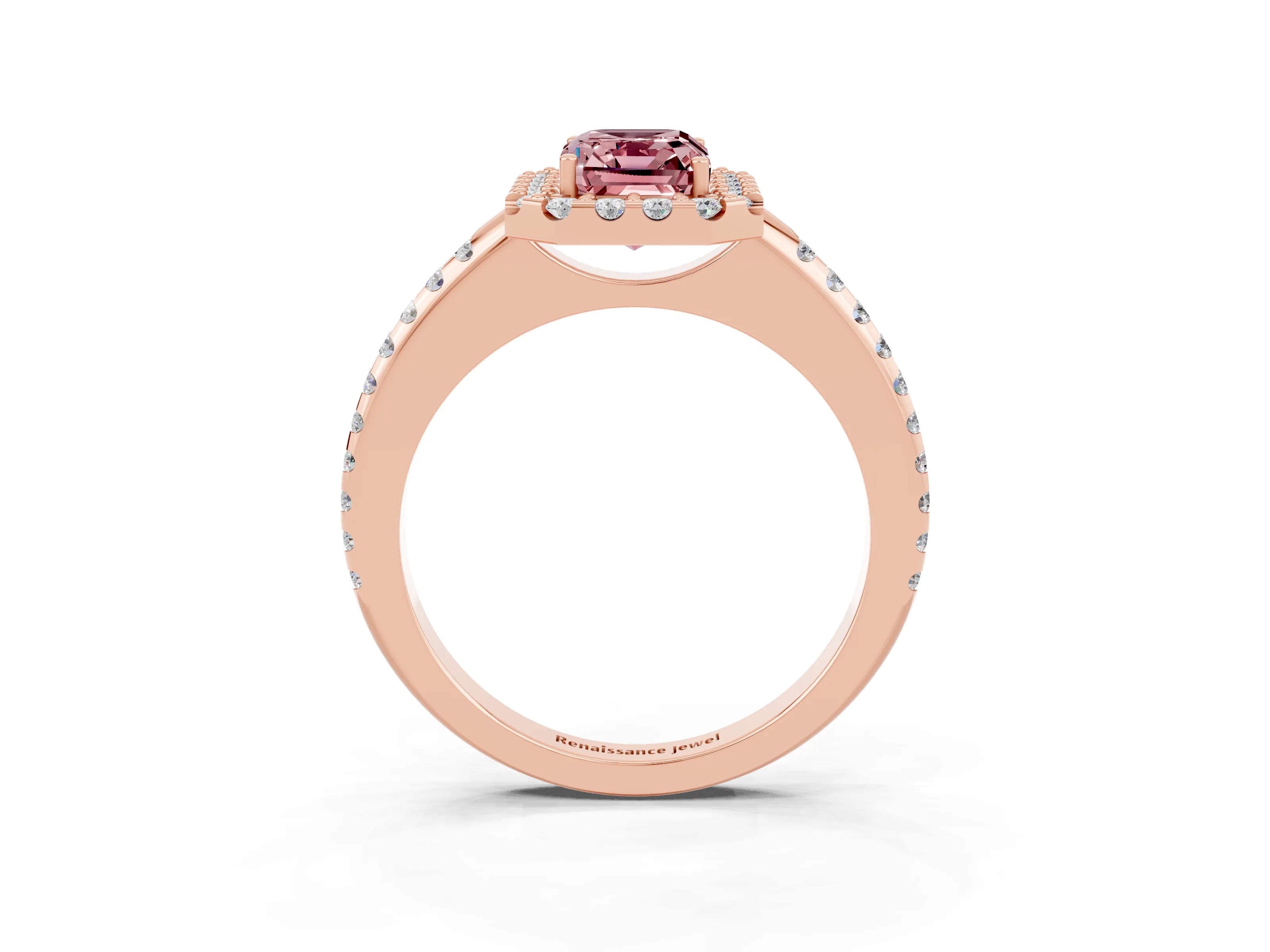 Rose gold Emerald Cut Morganite Pavé Halo Ring with Four-Prong Setting_15