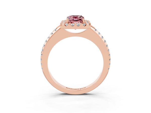 Rose gold Emerald Cut Morganite Pavé Halo Ring with Four-Prong Setting