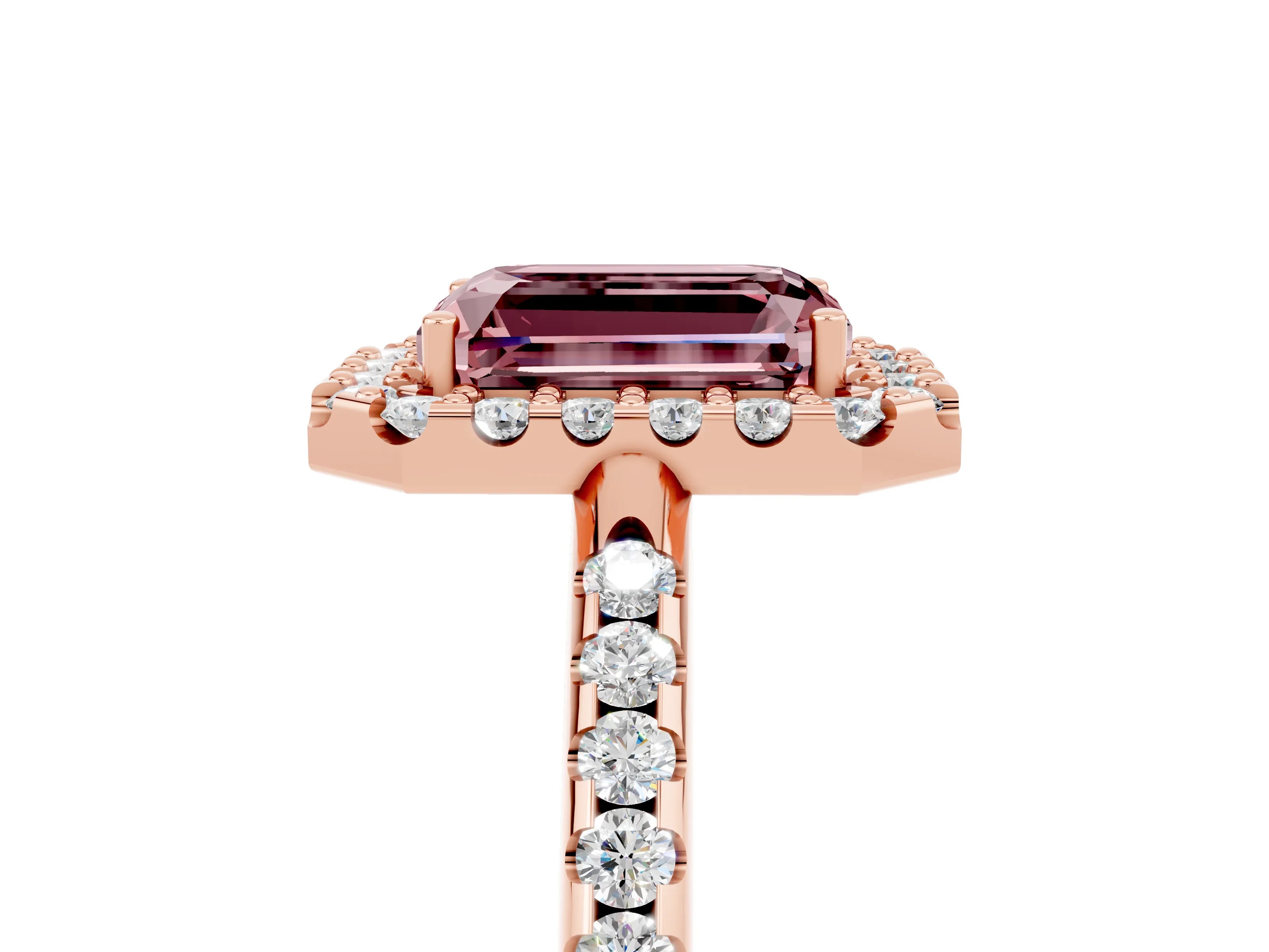 Rose gold Emerald Cut Morganite Pavé Halo Ring with Four-Prong Setting_17