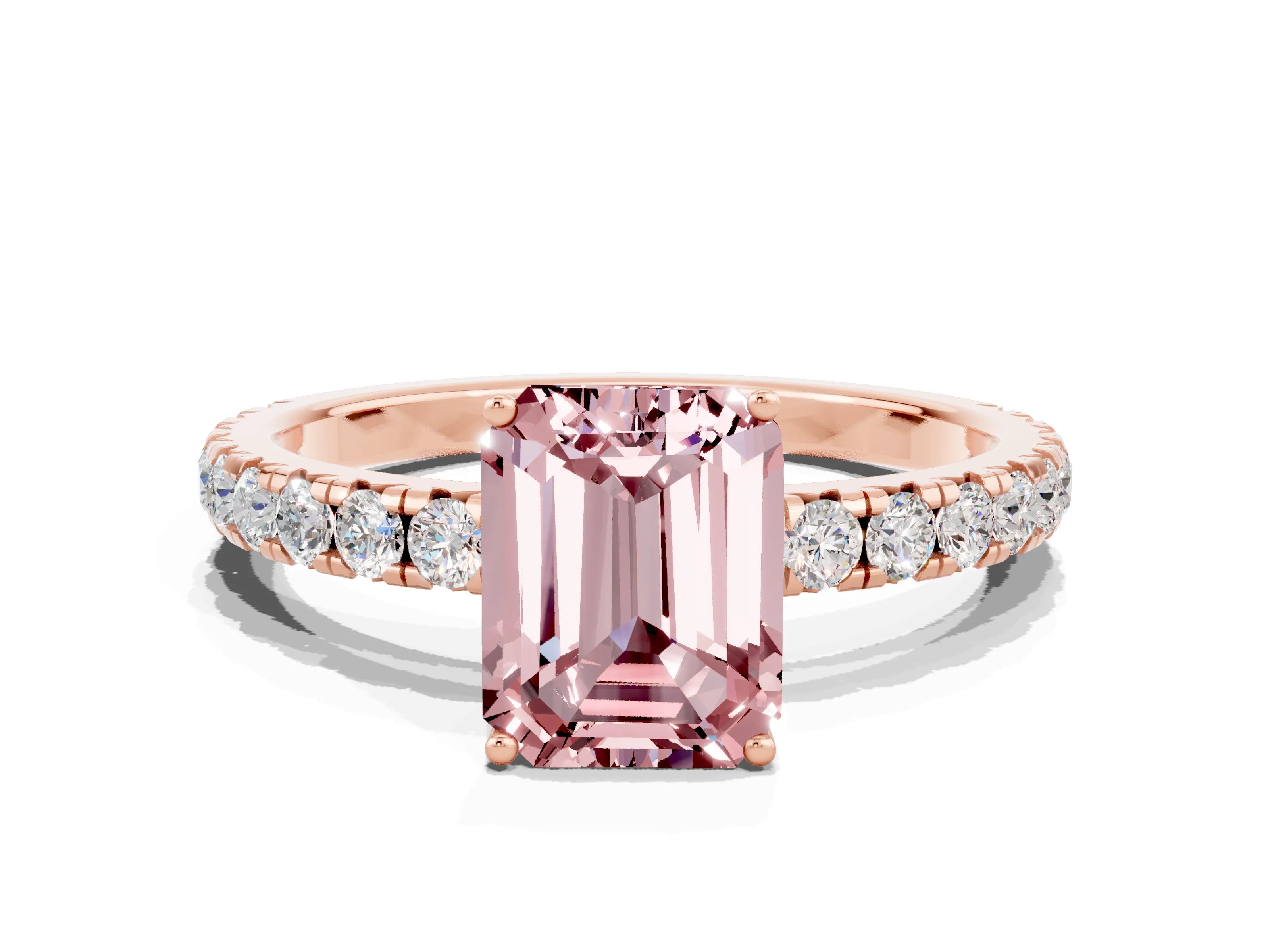 Rose gold Emerald Cut Morganite Pavé Solitaire Engagement Ring with Four-Prong Setting_12
