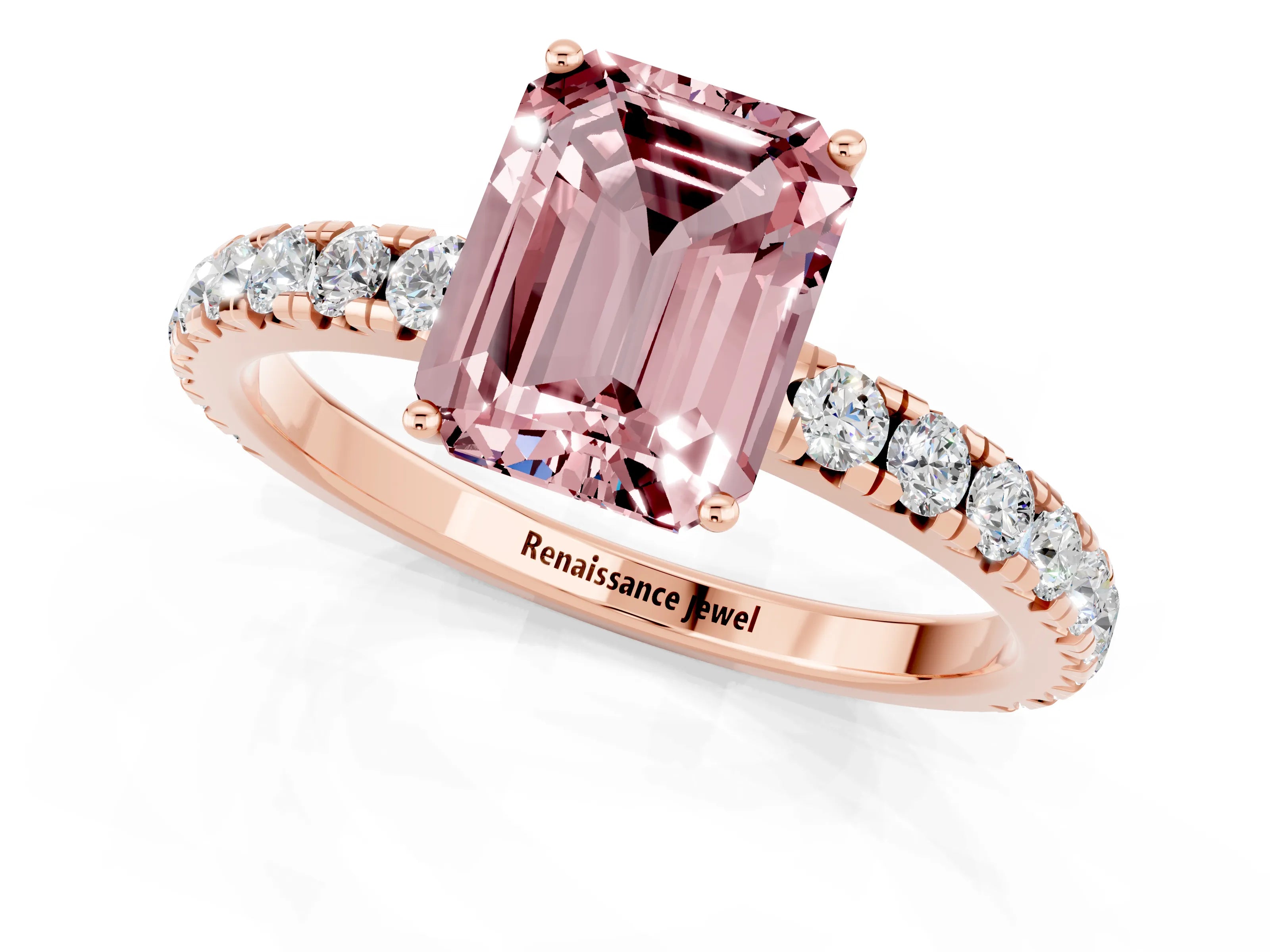 Rose gold Emerald Cut Morganite Pavé Solitaire Engagement Ring with Four-Prong Setting_13
