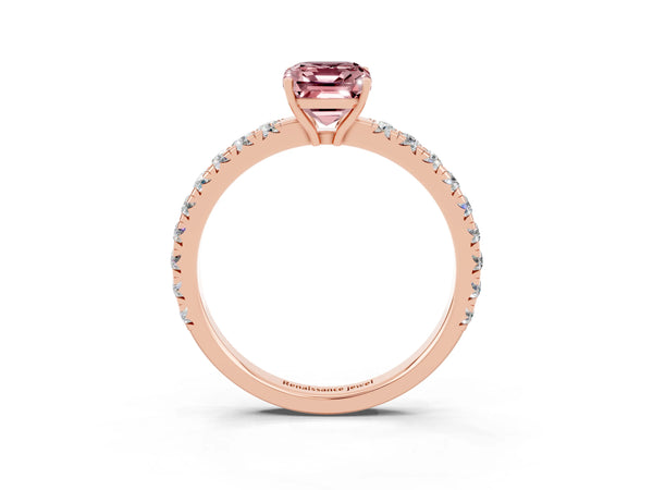 Rose gold Emerald Cut Morganite Pavé Solitaire Engagement Ring with Four-Prong Setting