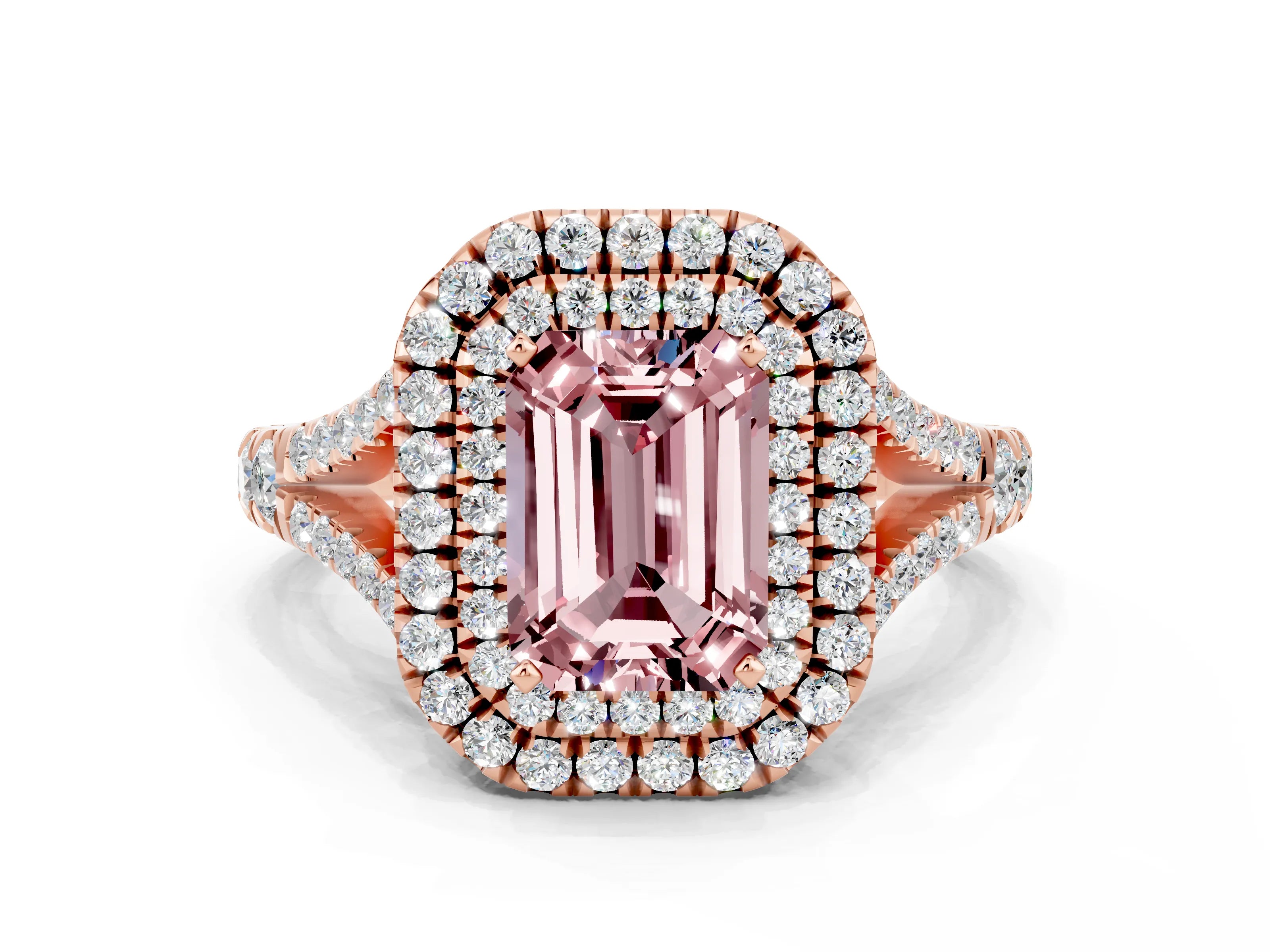 Rose gold Emerald Cut Morganite Pavé Split Shank Double Halo Engagement Ring