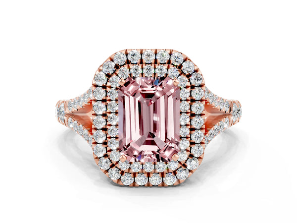 Rose gold Emerald Cut Morganite Pavé Split Shank Double Halo Engagement Ring