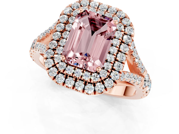 Rose gold Emerald Cut Morganite Pavé Split Shank Double Halo Engagement Ring