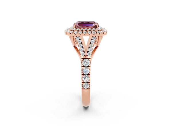 Rose gold Emerald Cut Morganite Pavé Split Shank Double Halo Engagement Ring