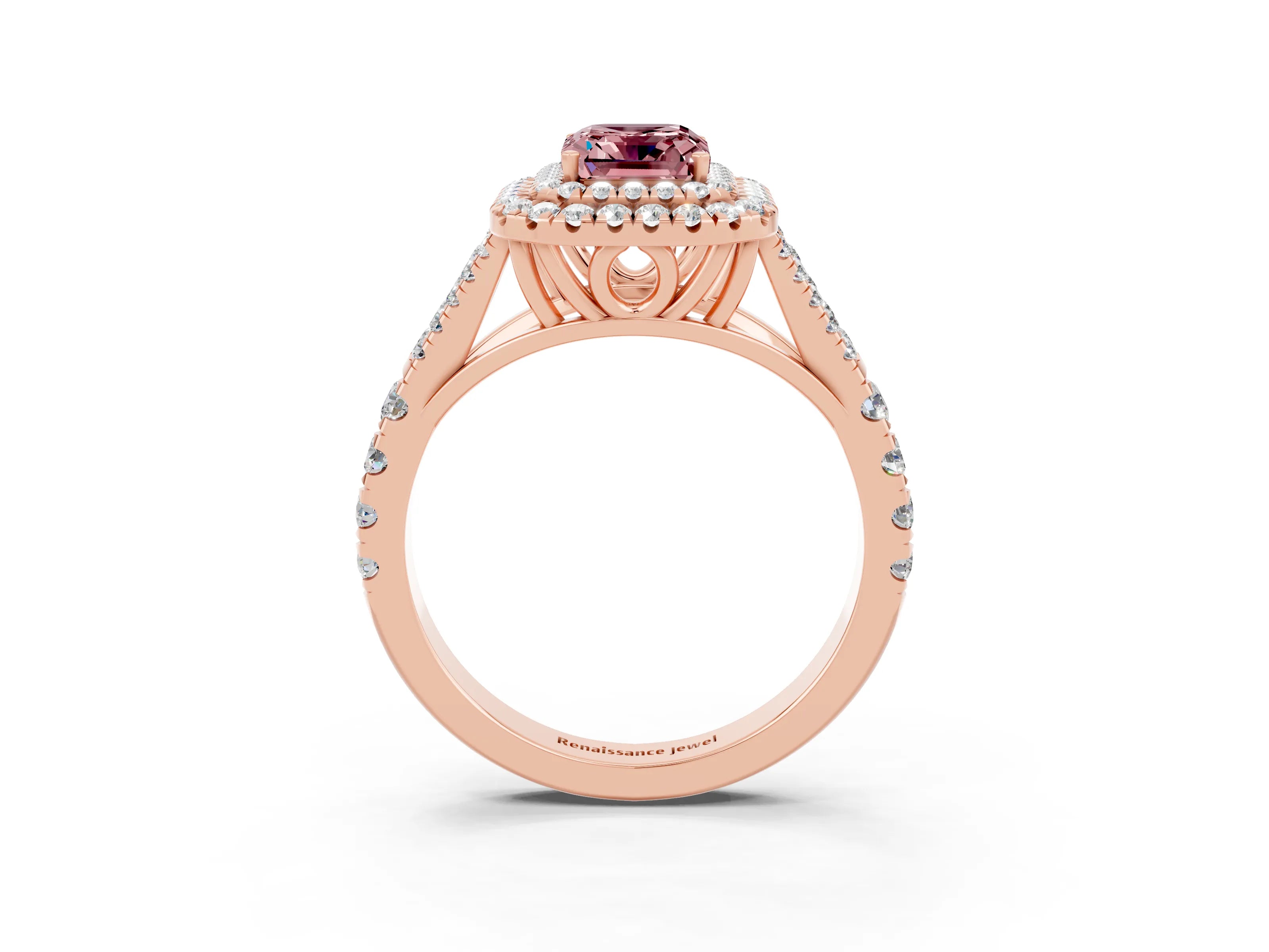 Rose gold Emerald Cut Morganite Pavé Split Shank Double Halo Engagement Ring_3