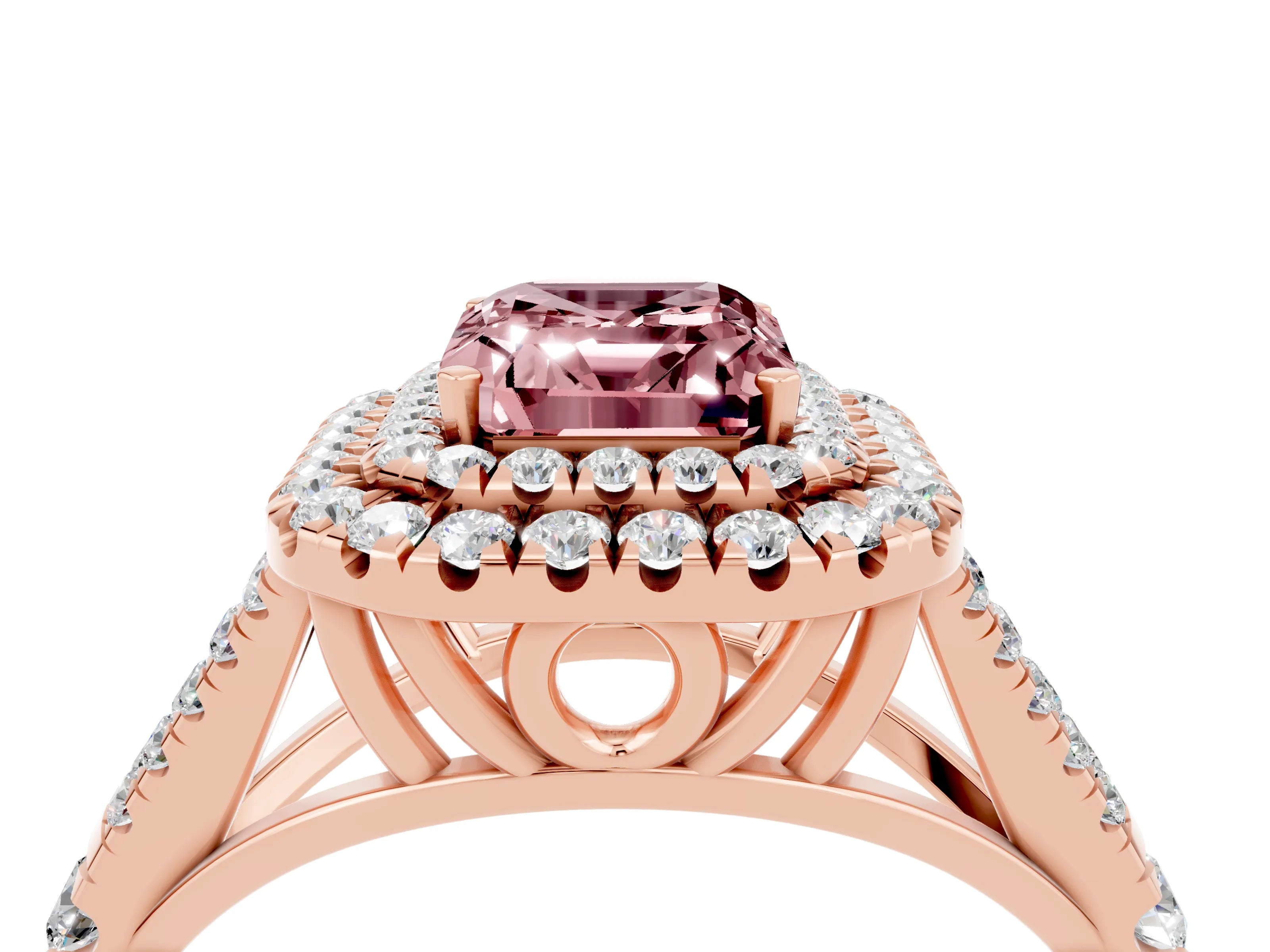 Rose gold Emerald Cut Morganite Pavé Split Shank Double Halo Engagement Ring_4