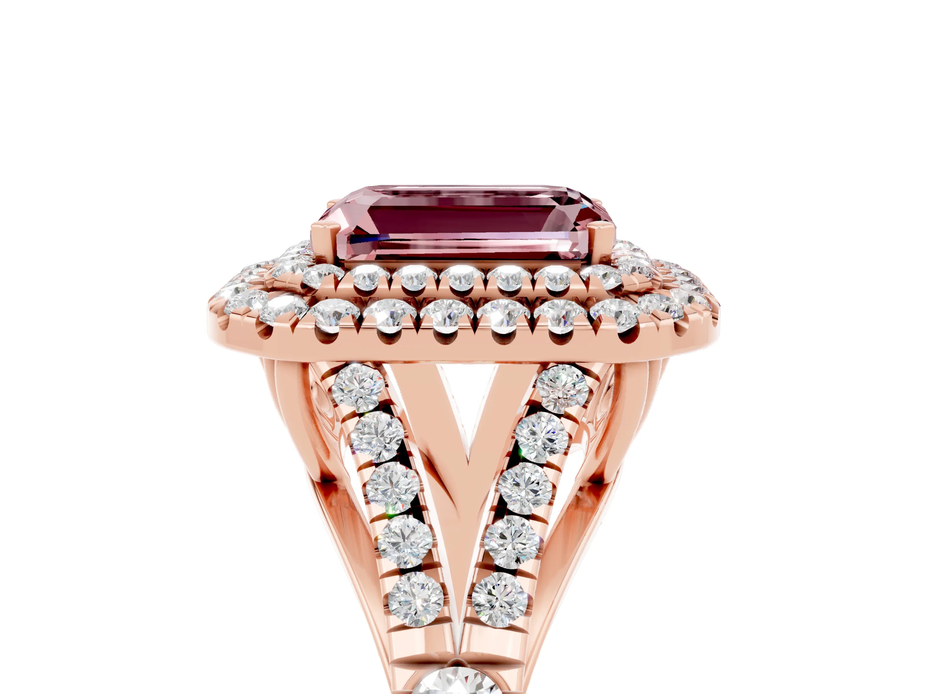 Rose gold Emerald Cut Morganite Pavé Split Shank Double Halo Engagement Ring_5