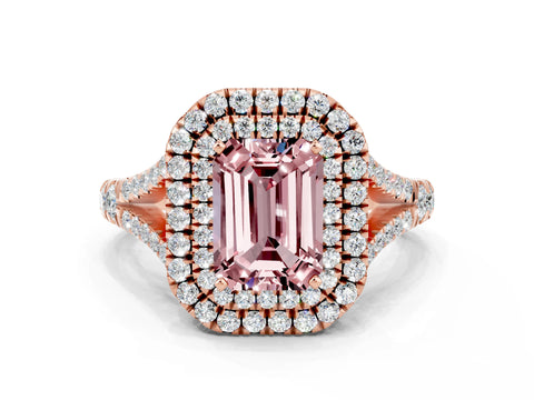 Rose gold Emerald Cut Morganite Pavé Split Shank Double Halo Engagement Ring